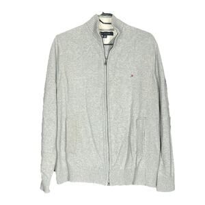 Tommy Hilfiger Sweater Mens Large Light Gray Cotton Cardigan Classic Mock Neck